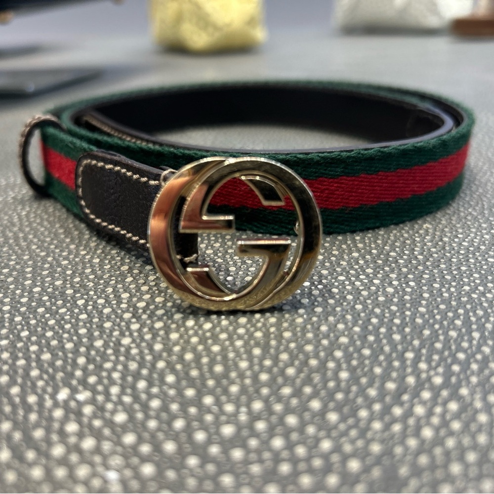 Gucci Green and Red Belt with Gold Buckle size 34